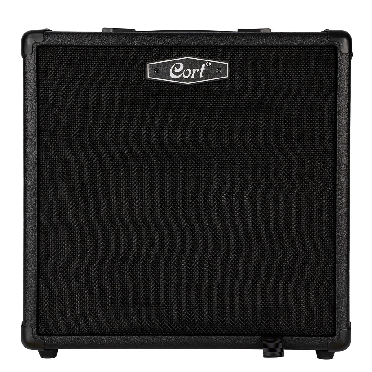 Black Cort amplifier with a textured front grille, rectangular shape, rounded corners, and a silver Cort logo centered at the top.
