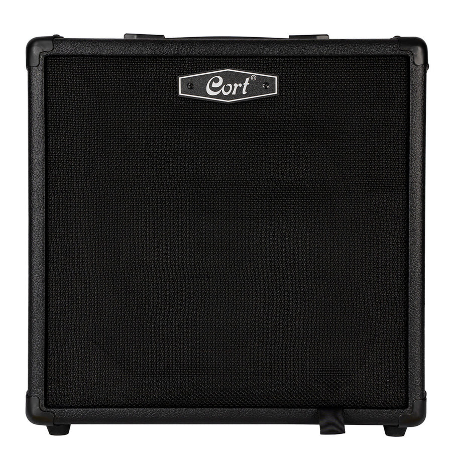 Black Cort amplifier with a textured front grille, rectangular shape, rounded corners, and a silver Cort logo centered at the top.