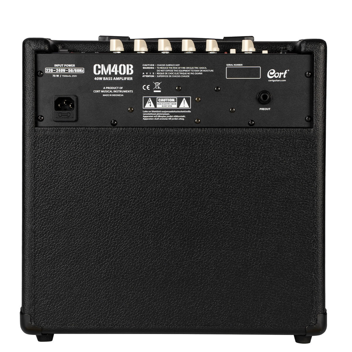 Rear view of a Cort CM40B 40W bass amplifier, showing power input, warning labels, preout jack, and control knobs on the top edge.