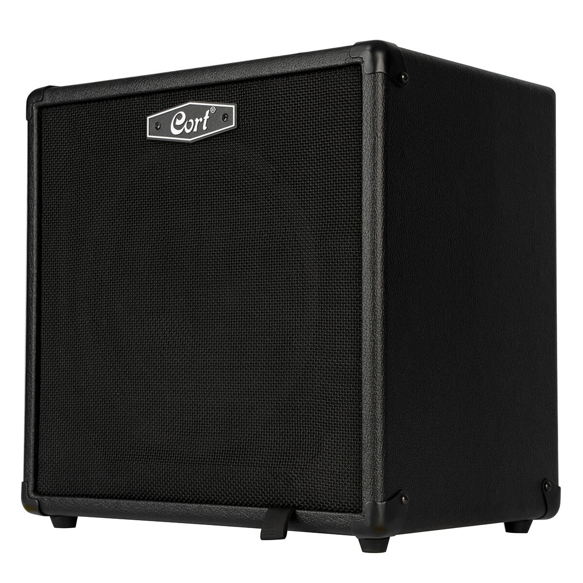 Black Cort amplifier with a textured surface, metal-reinforced corners, front mesh grille, and small logo plate near the top center.