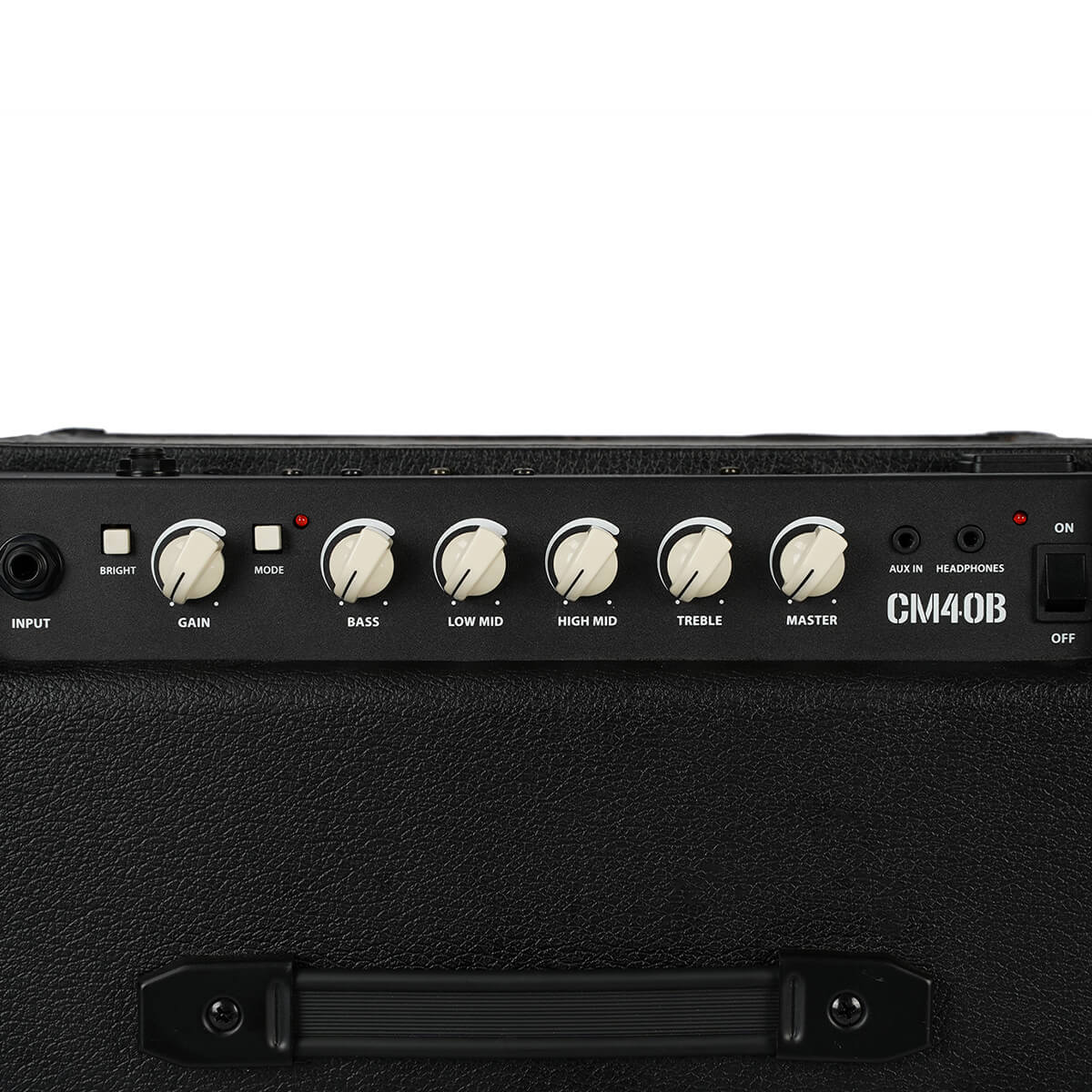 Black amplifier with six white control knobs labeled gain, bass, low mid, high mid, treble, and master, plus input, aux, and headphone jacks.