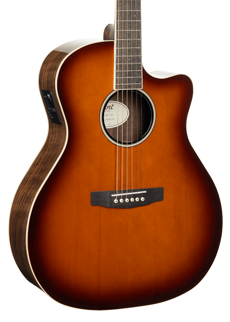 Sunburst acoustic guitar with a cutaway body, six strings, dark wood sides, and a built-in control panel on the upper side.