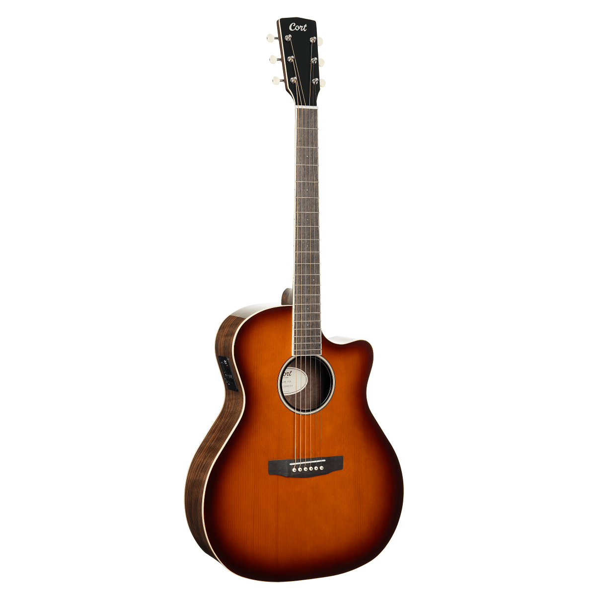Sunburst acoustic guitar with a cutaway body, six strings, dark sides, and white tuning pegs; brand name “Cort” on the headstock.
