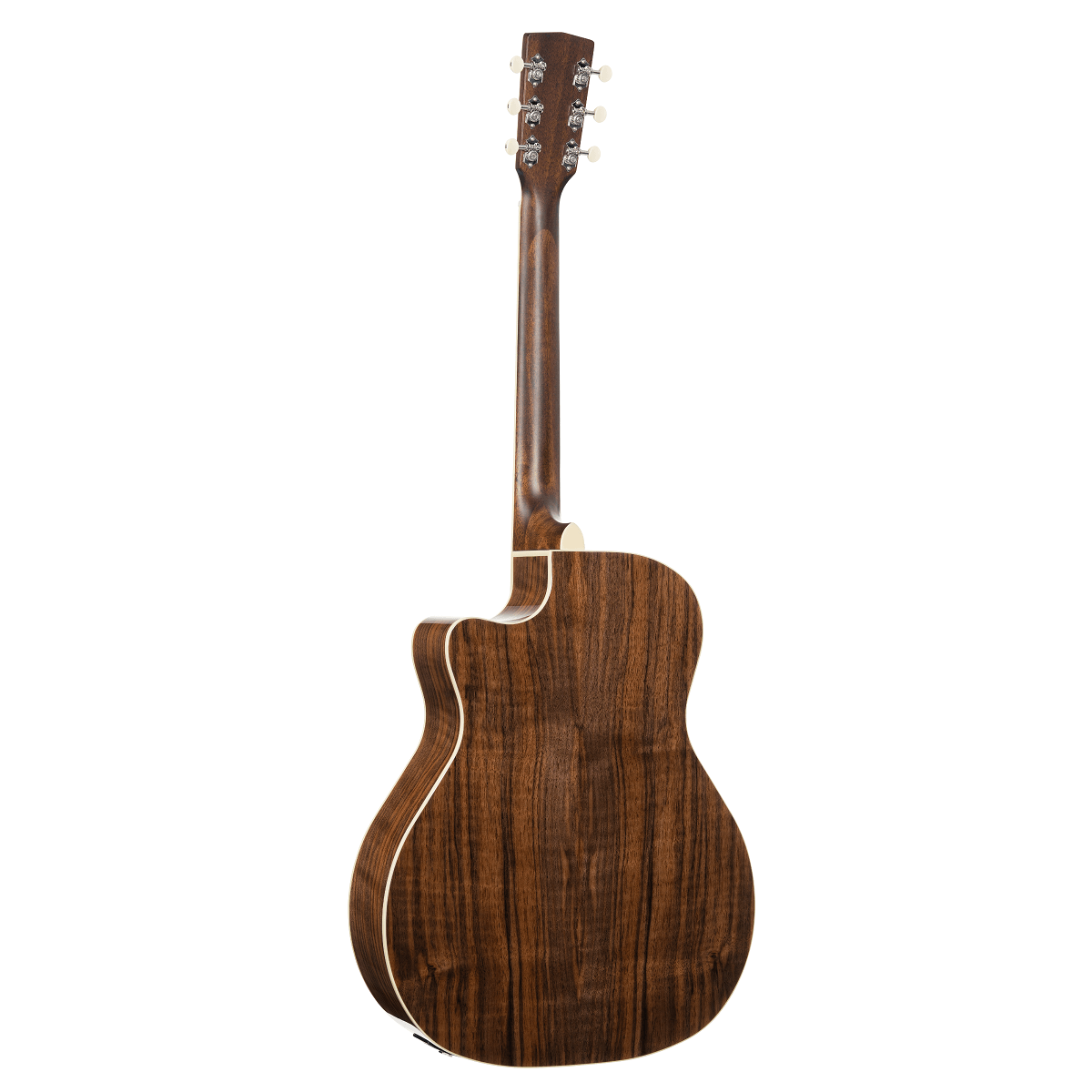 Back view of an acoustic guitar with dark wood grain, white binding, a cutaway body, and six tuning pegs visible on the headstock.