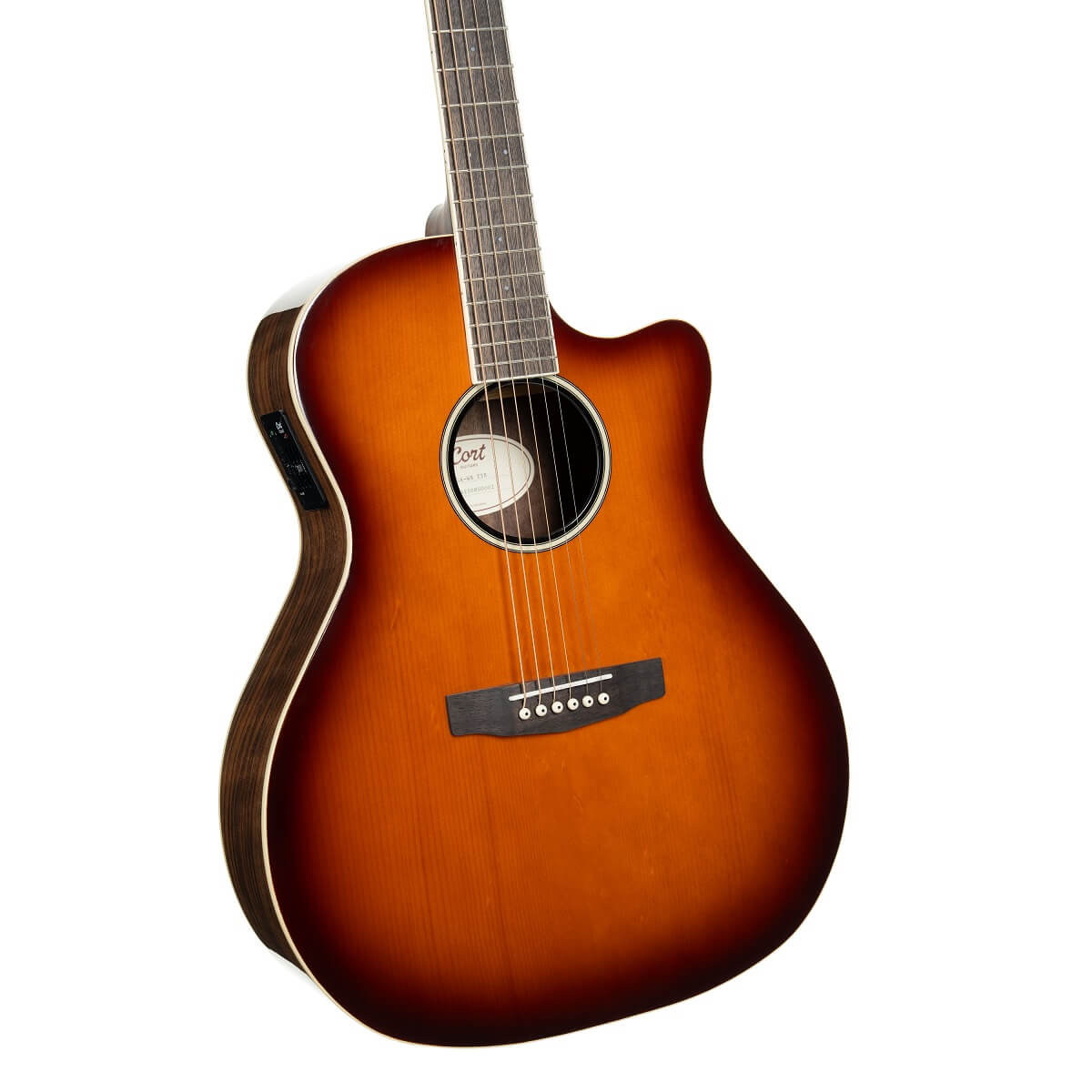 Sunburst acoustic guitar with a cutaway body, six strings, dark wood sides, and on-body electronics control panel.