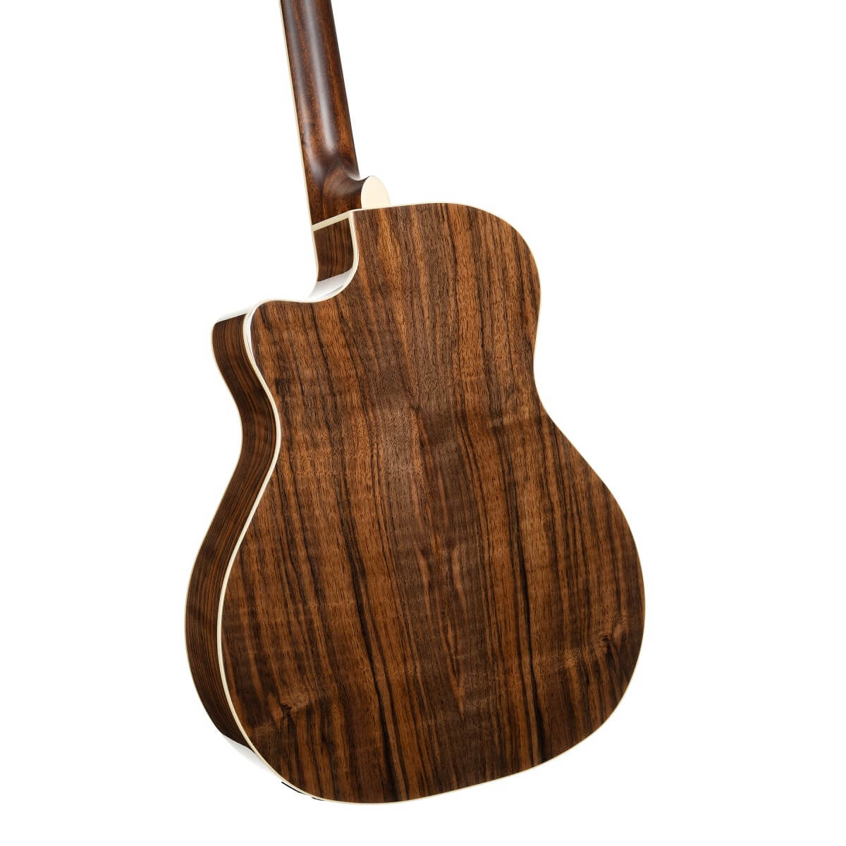 Back view of an acoustic guitar showing dark, striped wood grain with a smooth, natural finish and cream binding along the edges.