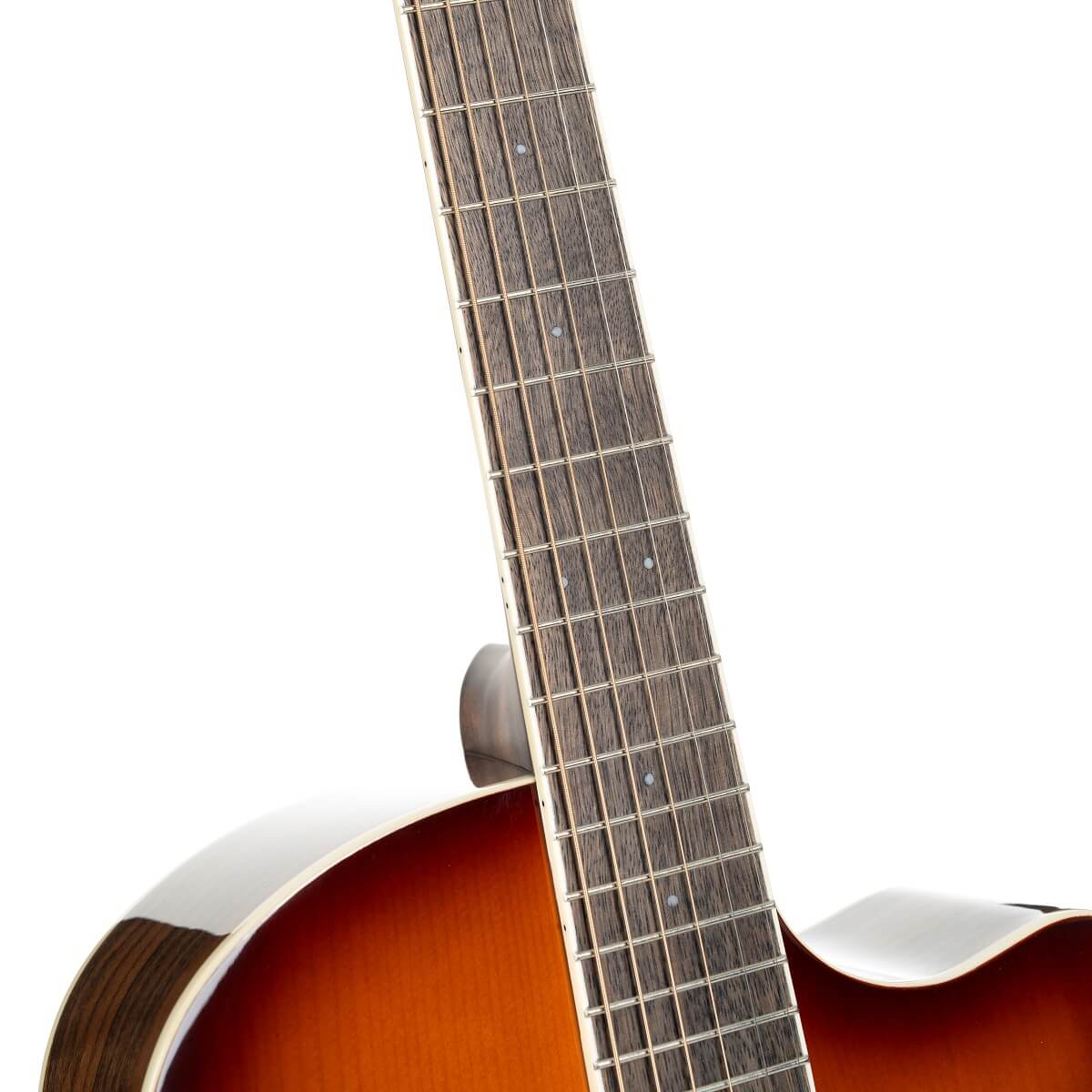 Close-up of an acoustic guitar showing part of the brown sunburst body and wooden fretboard with dot inlays.