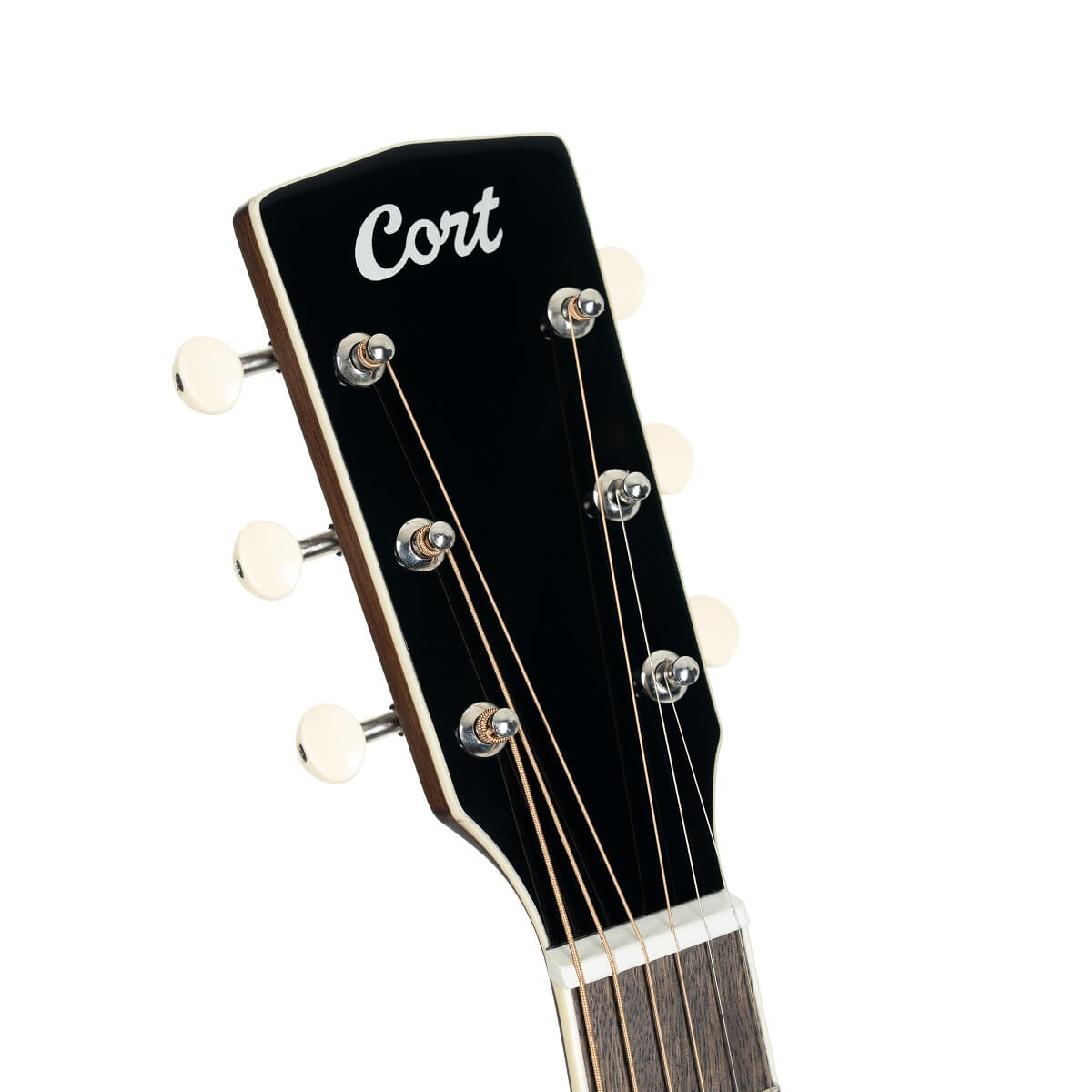 The headstock of a Cort acoustic guitar with six tuning pegs, cream buttons, and the Cort logo in white on a glossy black surface.