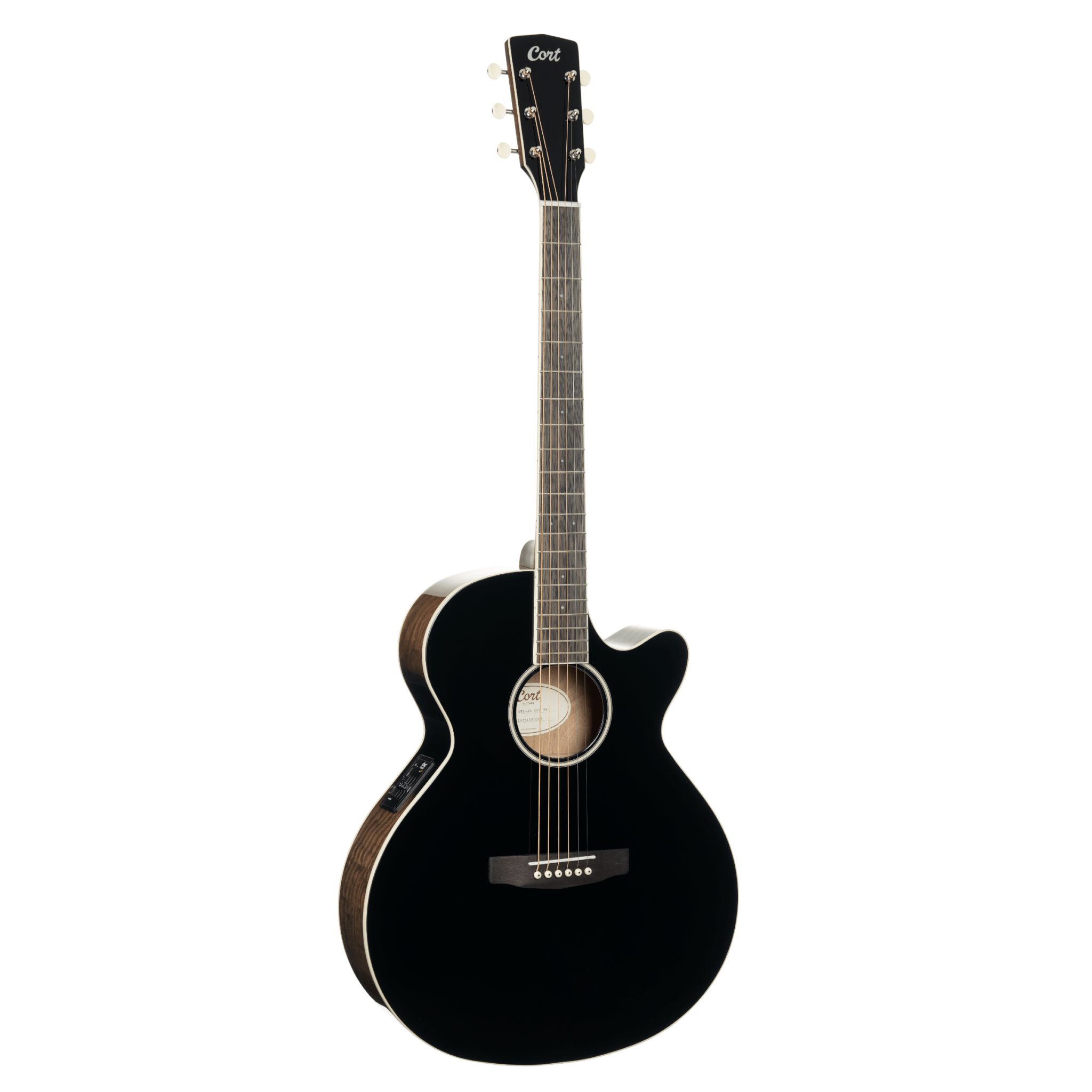 Guitare acoustique noire à pan coupé, six cordes, touches claires, finition brillante et boutons de réglage sur le côté.