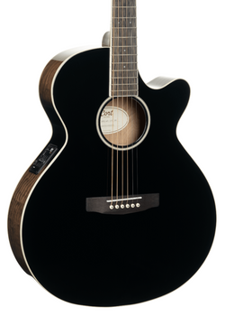 Glossy black acoustic guitar with cutaway design, six strings, wood sides, and an onboard electronic control panel for amplification.
