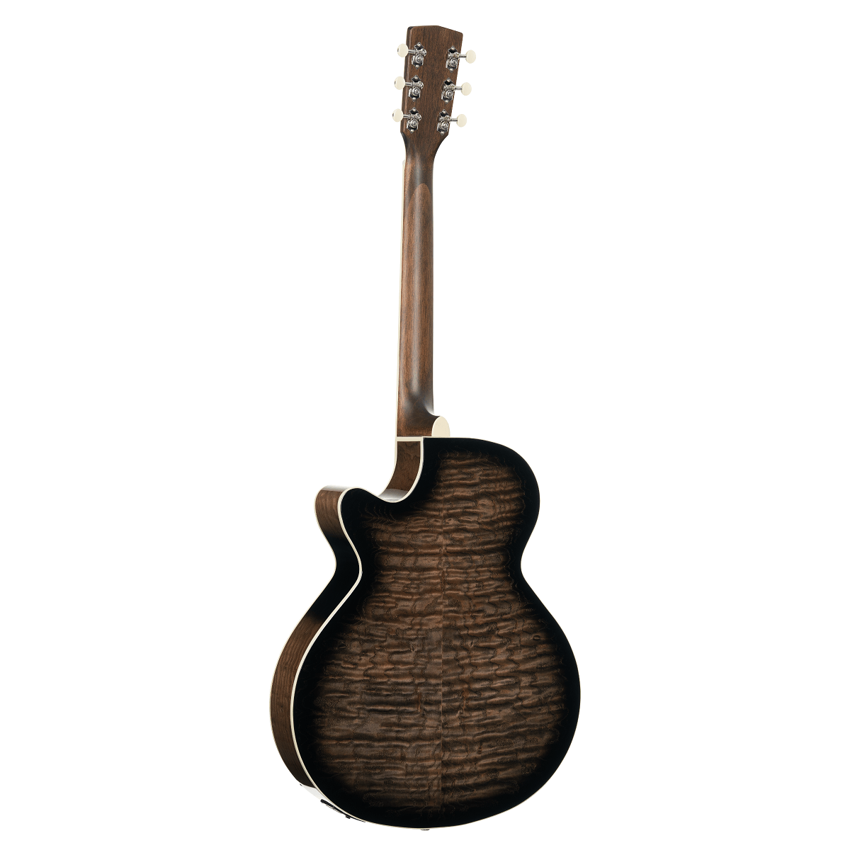 Guitare acoustique vue de dos, caisse marron foncé à motif ondulé, contour clair, manche en bois lisse avec six mécaniques argentées.
