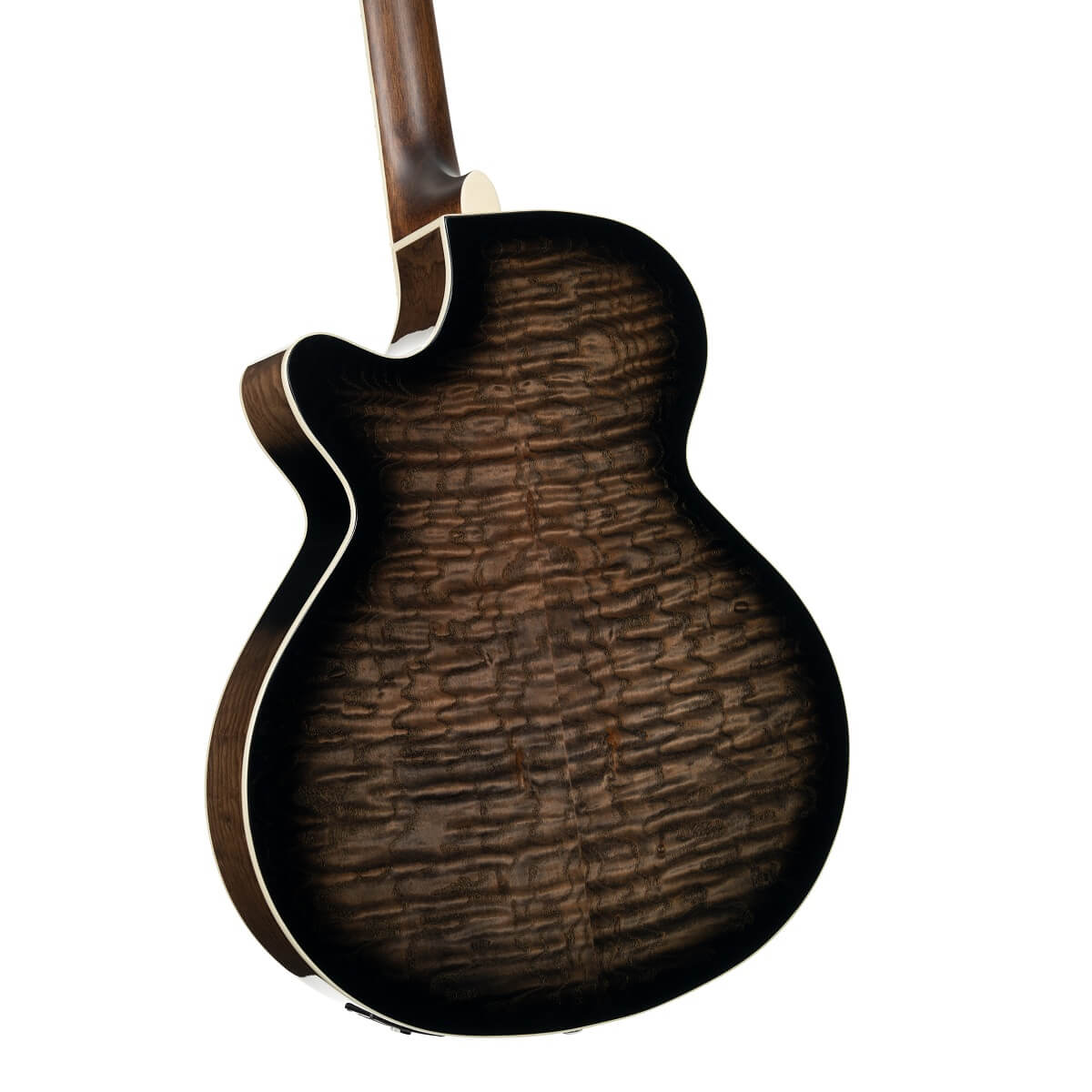 Dos d’une guitare acoustique avec finition sombre et veinage ondulé très marqué, entouré d’un filet clair le long des bords.