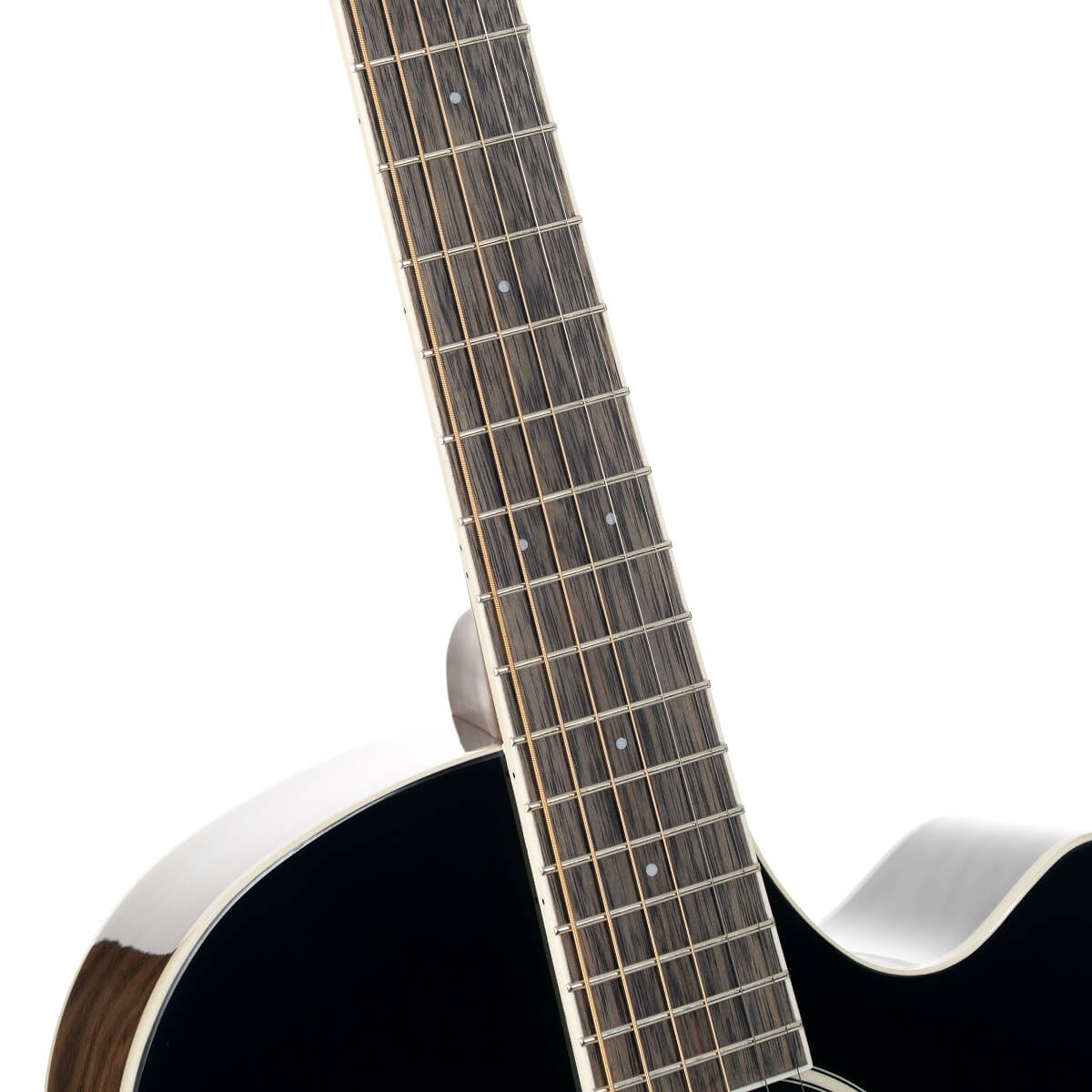 Partie supérieure d’une guitare acoustique noire avec manche en bois foncé, repères ronds blancs sur la touche et bordures claires.