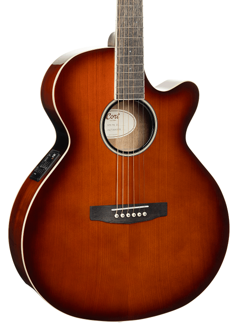 Sunburst-finished acoustic guitar with a cutaway body, six strings, built-in preamp controls on the side, and a round sound hole with a label inside.