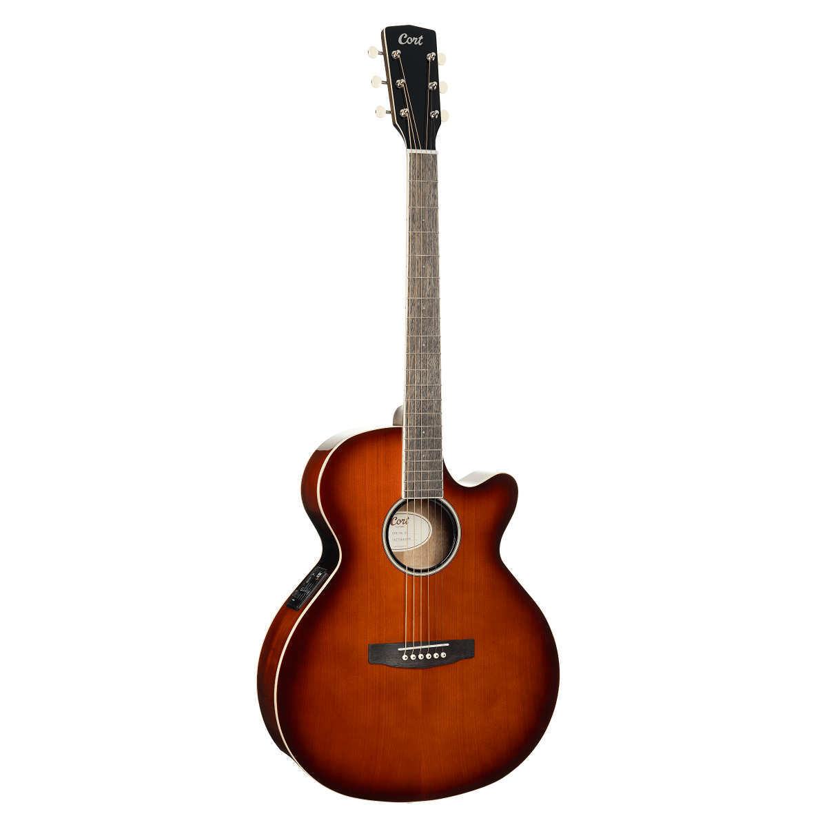Glossy sunburst acoustic guitar with cutaway body, six strings, dark edges, light center, and control panel on the side.