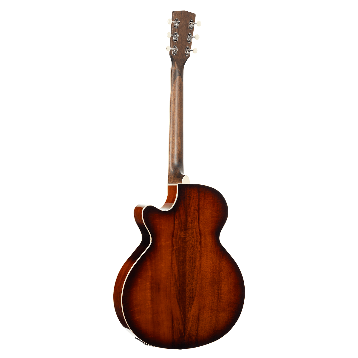 Acoustic guitar viewed from the back, showing a glossy dark brown wood finish with cream binding and a cutaway body shape.