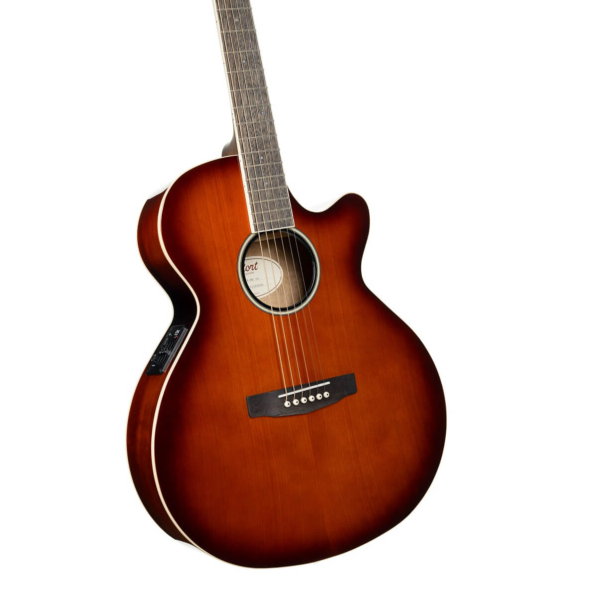 Sunburst acoustic guitar with a cutaway body, six strings, and a dark wooden bridge. Electronic control panel is visible on the side.