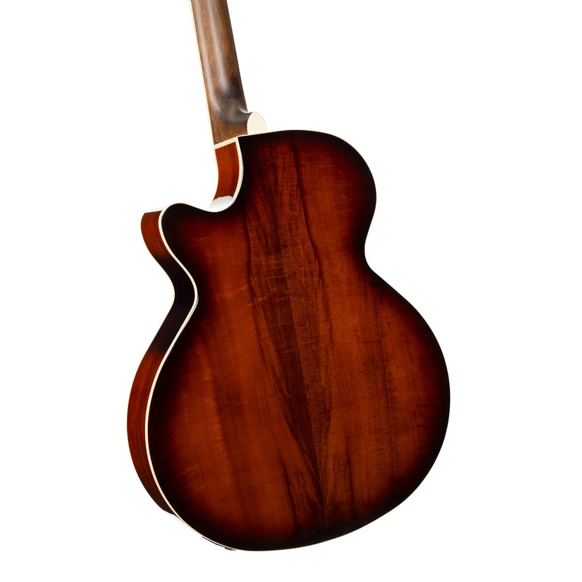 Rich brown back of an acoustic guitar with a cutaway design and light wood trim along the body edges.