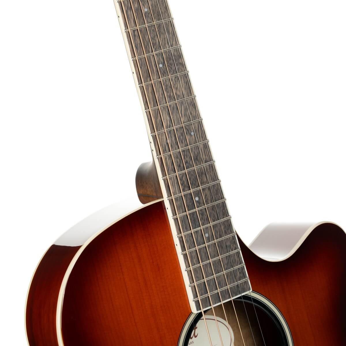Sunburst-finish acoustic guitar body with a cutaway design and a dark wood fretboard featuring small dot fret markers.