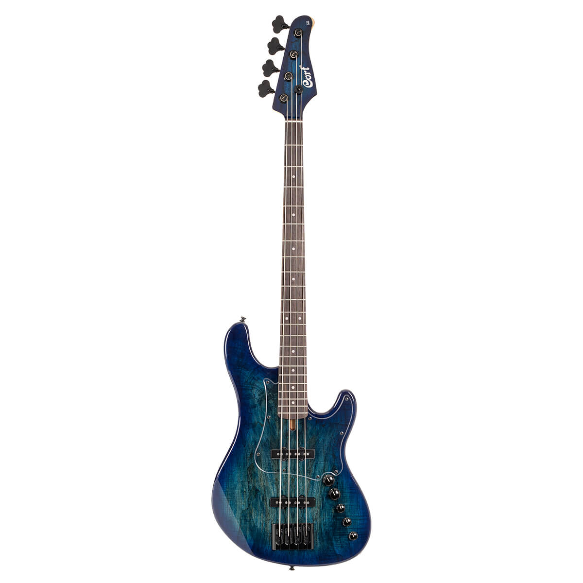 Blue electric bass guitar with four strings, dark wood fretboard, black tuning pegs, and multiple control knobs on the lower right side of the body.