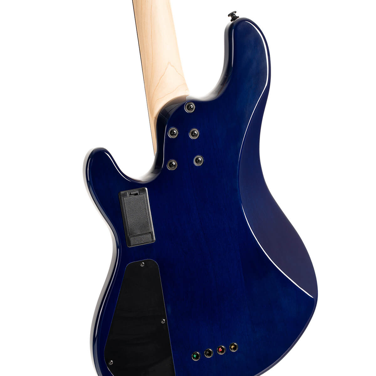 Back view of a blue electric bass showing the light wood neck, black control plates, screws, and ferrules for string-through-body design.