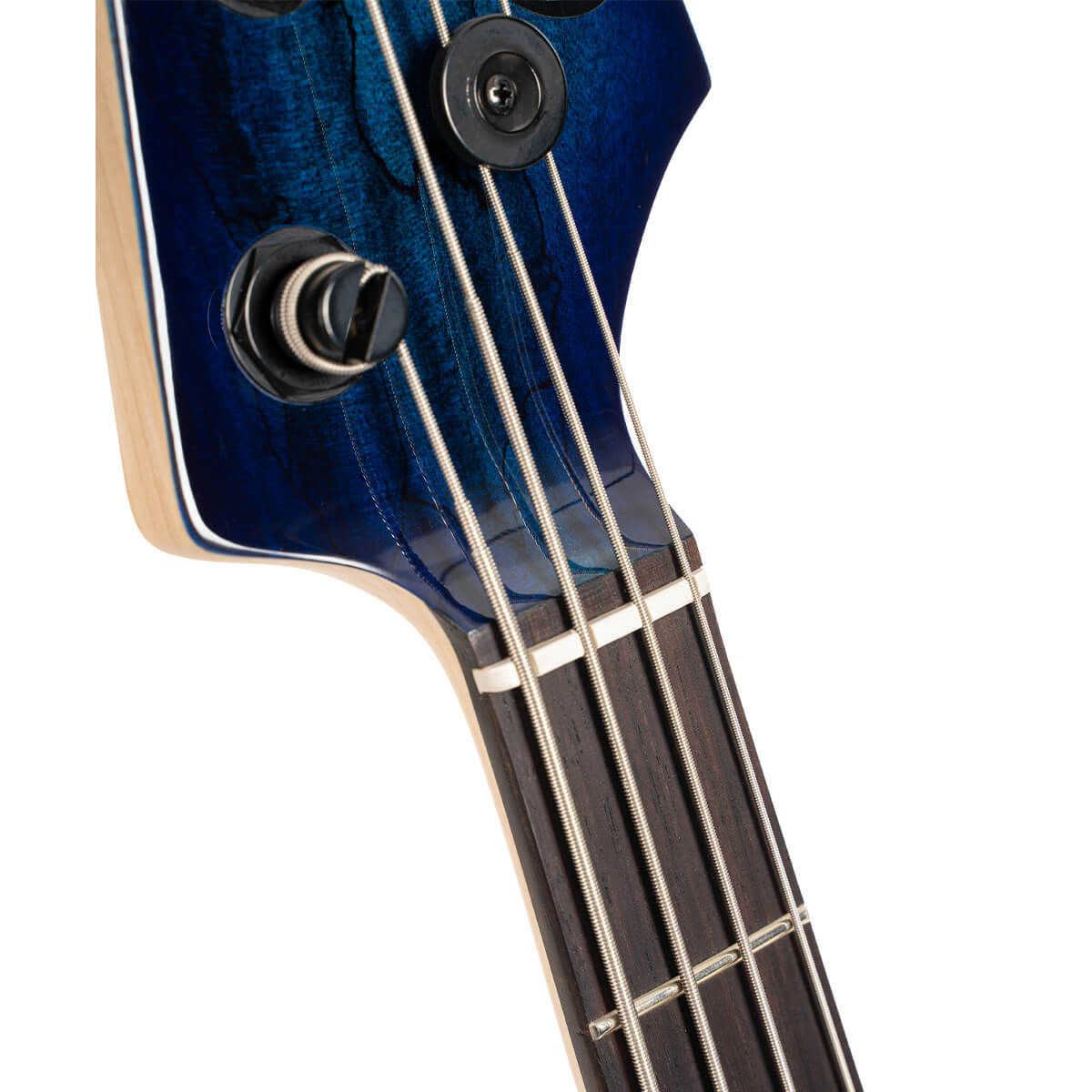 Close-up of a blue electric bass headstock with four metal tuning pegs and four strings, showing part of the dark fingerboard and neck.