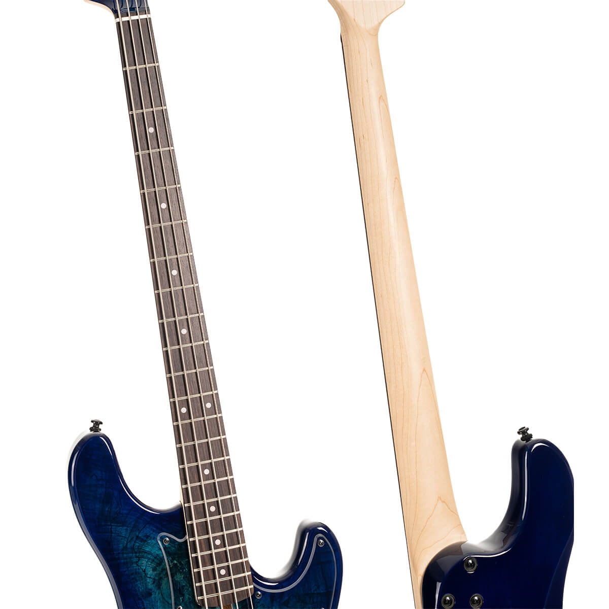 Two electric bass guitars: one showing the dark wood fretboard and blue body, the other shows the back with a light wood neck and blue body.