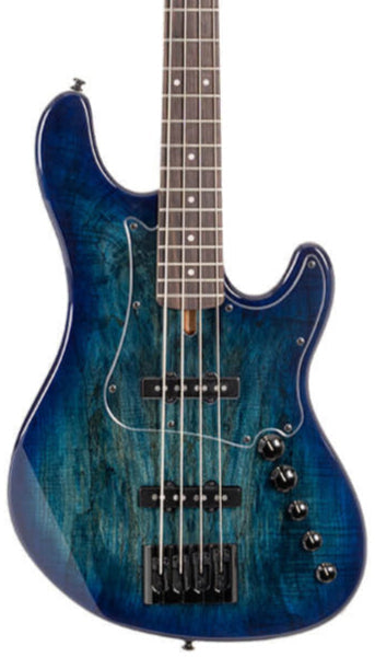 A blue-finish electric bass guitar with four strings, five black control knobs, and a wood grain pattern visible on the body.