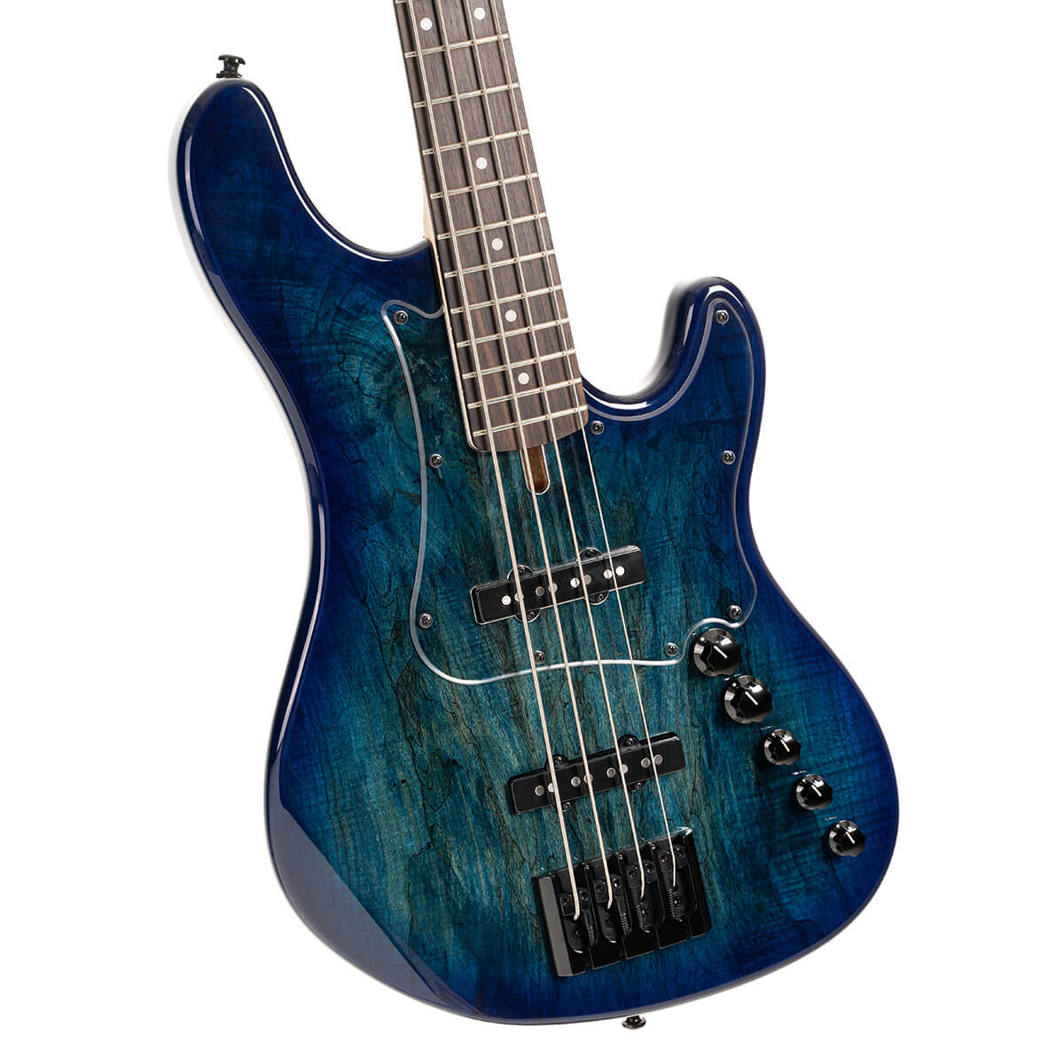 Electric bass with four strings, deep blue and green wood grain body, black hardware, five control knobs, and a white-trimmed pickguard.