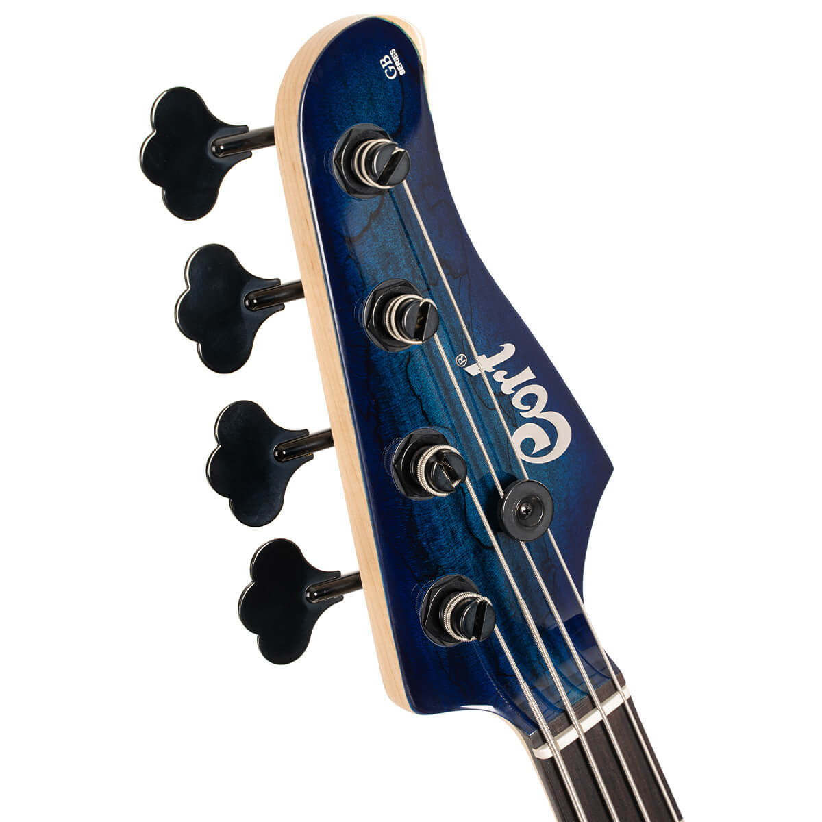 Blue electric bass headstock with four tuning pegs, silver strings, and the brand name "Cort" in white letters.