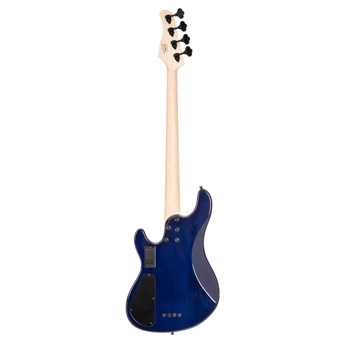 Electric bass guitar shown from the back, featuring a glossy dark blue body and a light wood neck with four black tuning pegs.