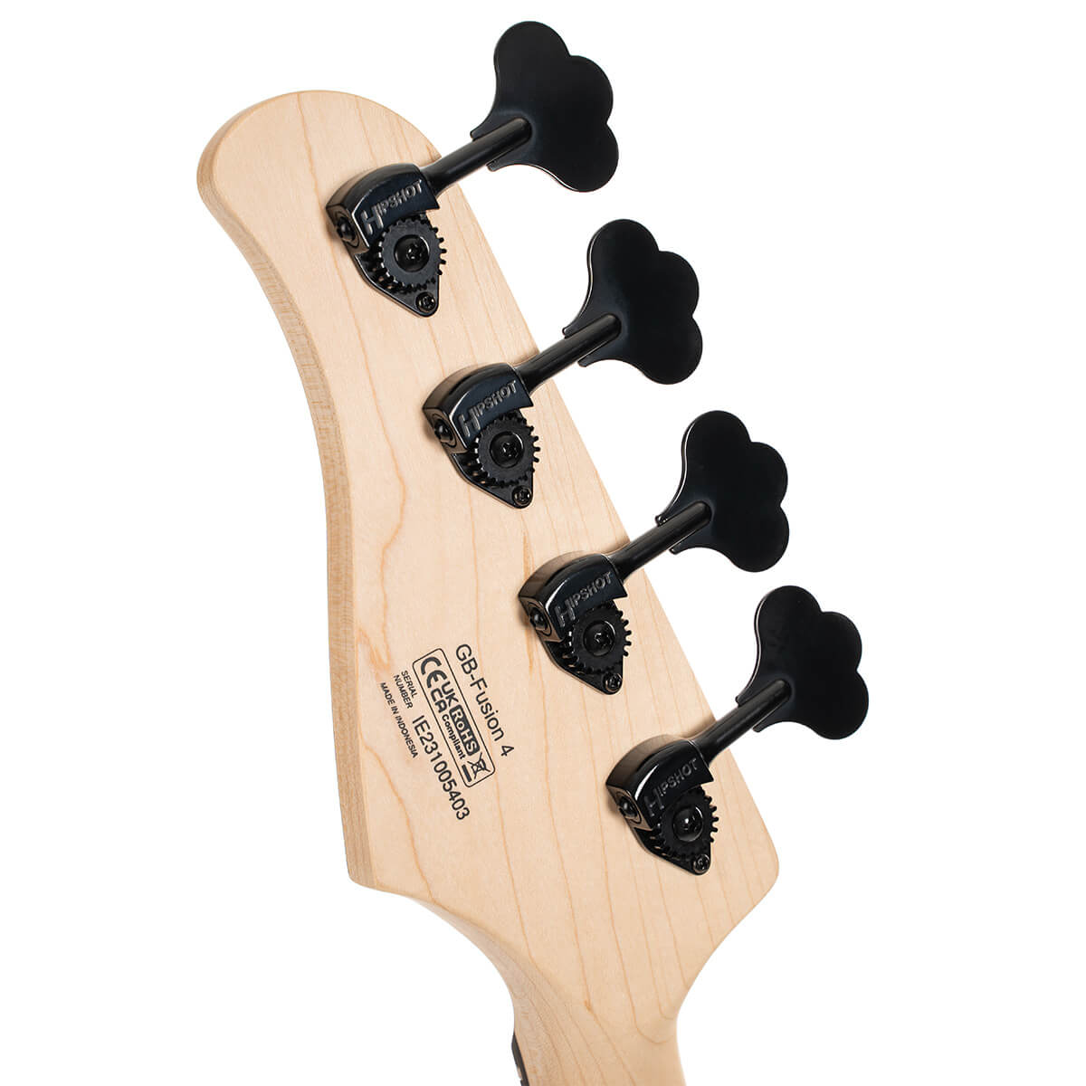 Light wood electric bass headstock with four black tuning pegs in a row, labeled GB4 Fusion 4 and featuring Hipshot hardware.