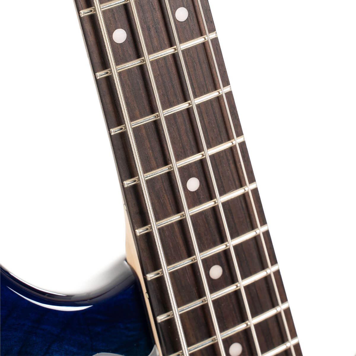 Close-up of an electric bass neck showing metal frets, round white fret markers, and four metal strings over a dark wood fingerboard.