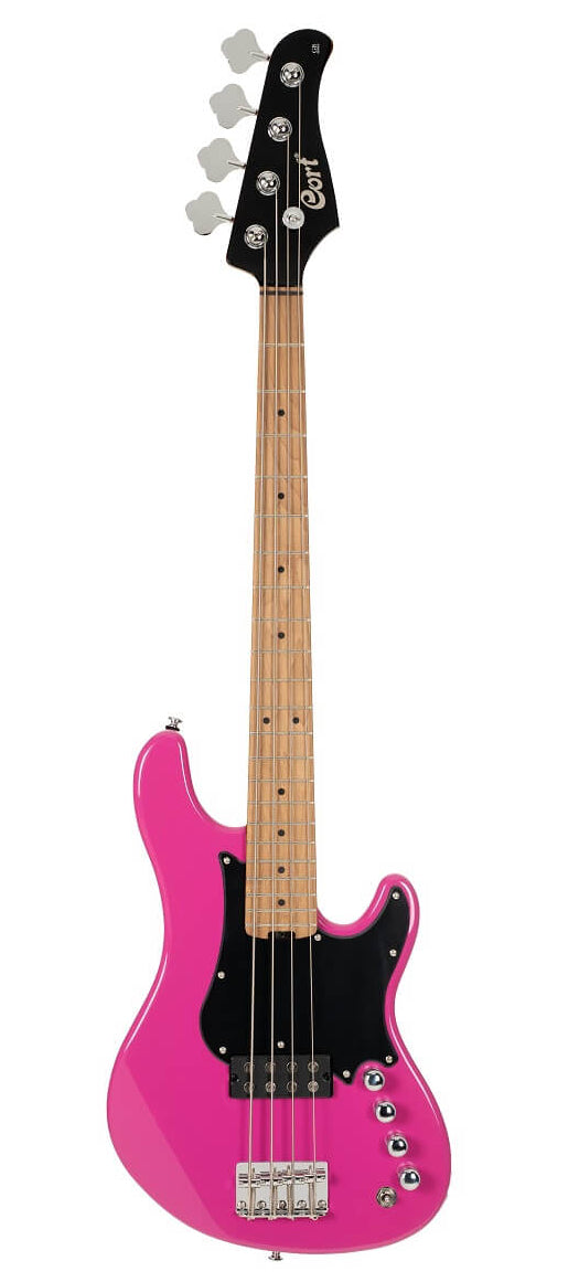 Bright pink electric bass guitar with four strings, black pickguard, natural wood neck, and four silver tuning pegs.