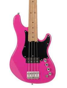 Bright pink five-string bass guitar with a black pickguard, light wood neck, and five silver control knobs.
