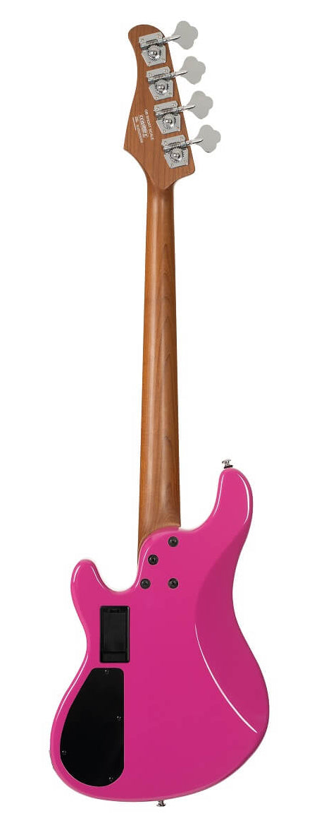 A pink bass guitar shown from the back, featuring a natural wood neck, four tuning pegs, and two black access panels on the body.