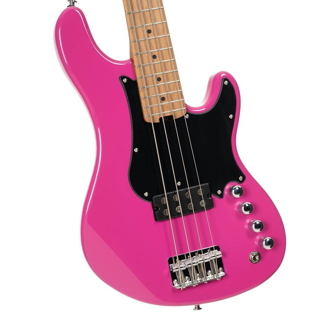 Bright pink bass guitar with four control knobs, black pickguard, four strings, natural wood neck, and chrome bridge hardware.