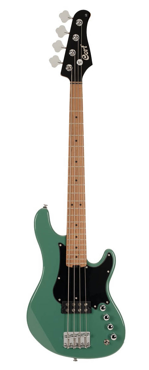 Green electric bass guitar with a black pickguard, four strings, maple neck, chrome tuning pegs, and multiple control knobs.