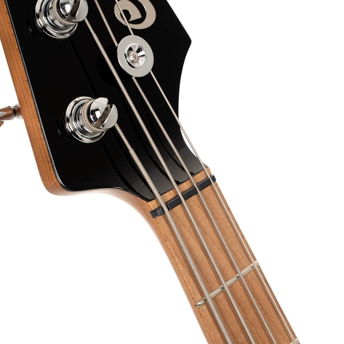 Close-up of a bass guitar headstock showing tuning pegs, four metal strings, and part of a natural wood neck with black details.