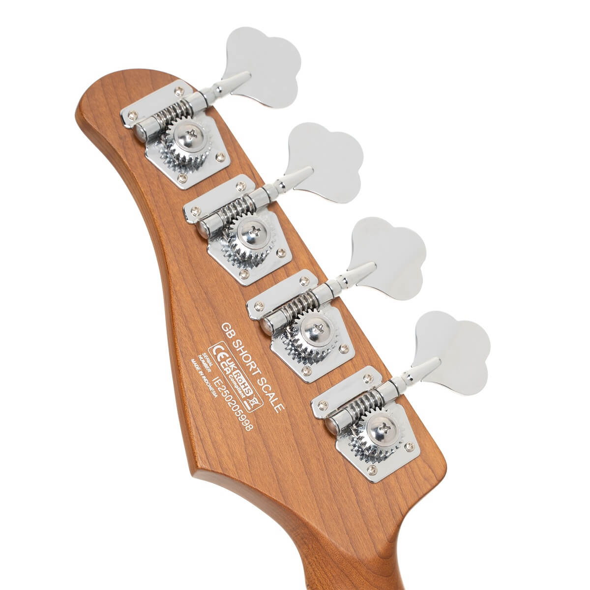 Four metal tuning pegs with clover-shaped keys on a natural wood bass guitar headstock labeled GB SHORT SCALE.