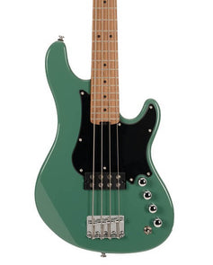 Green bass guitar with four strings, a black pickguard, natural wood neck, chrome bridge, and five control knobs on the lower right side.