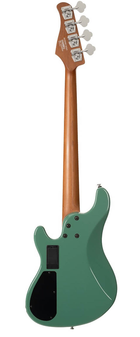 Green electric bass guitar shown from the back, featuring a natural wood neck, four tuning pegs, and two black plates on the body.