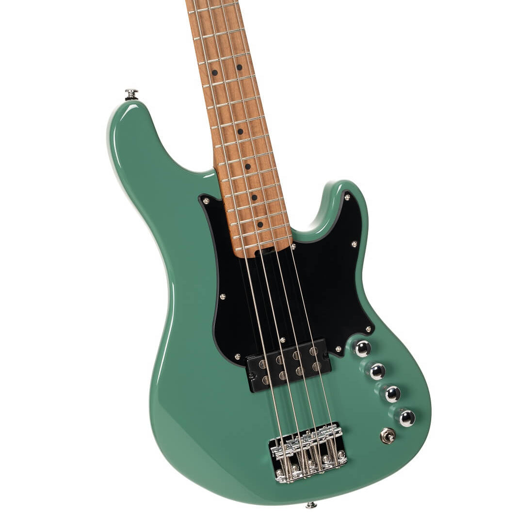 Green electric bass guitar with five strings, a black pickguard, wood fretboard, silver bridge, and five control knobs on the lower right side.