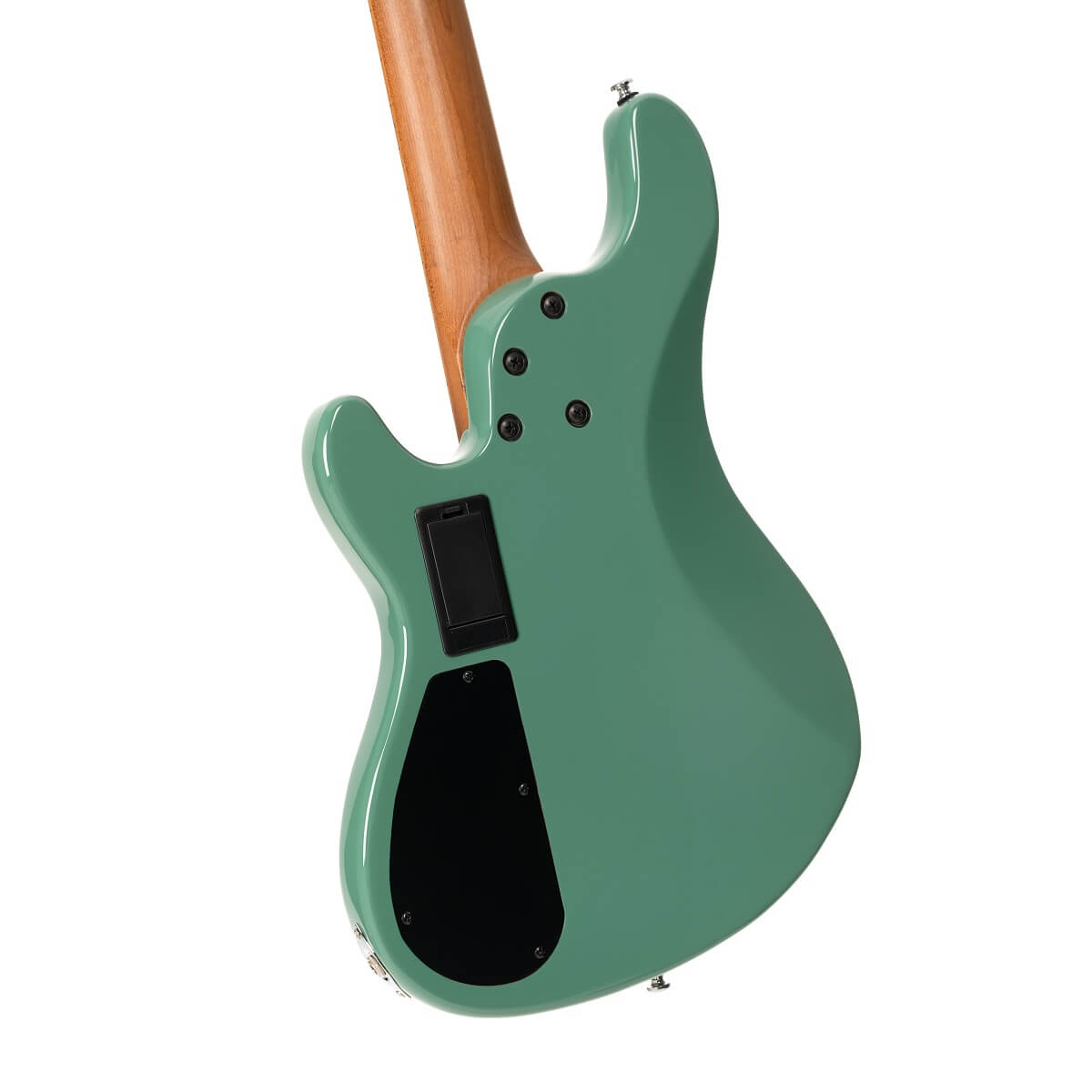 Green bass guitar back view showing a wooden neck, two black plastic covers, and four screws on the body.