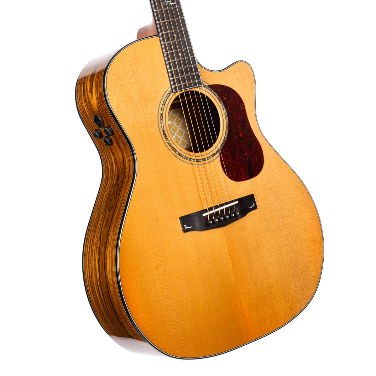 Natural wood acoustic guitar with a cutaway body, six strings, dark wood sides, control knobs, and a red tortoiseshell pickguard.