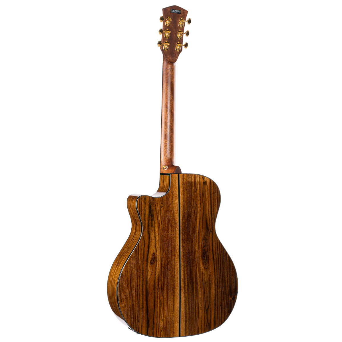 Acoustic guitar with a glossy, dark brown back featuring vertical wood grain patterns and gold tuning pegs on the headstock.