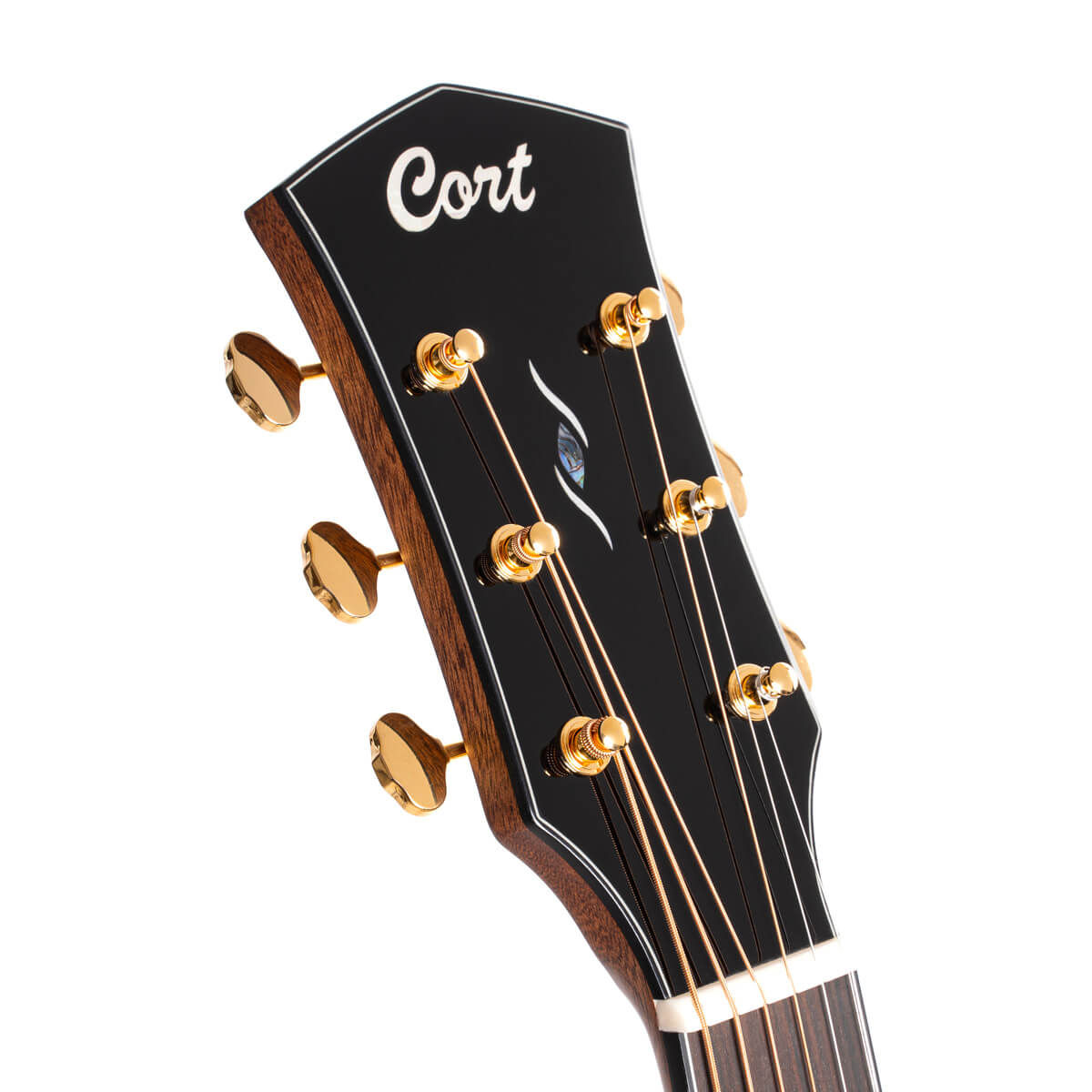 Black acoustic guitar headstock with gold tuning pegs, "Cort" logo in white, and decorative inlay on the front.