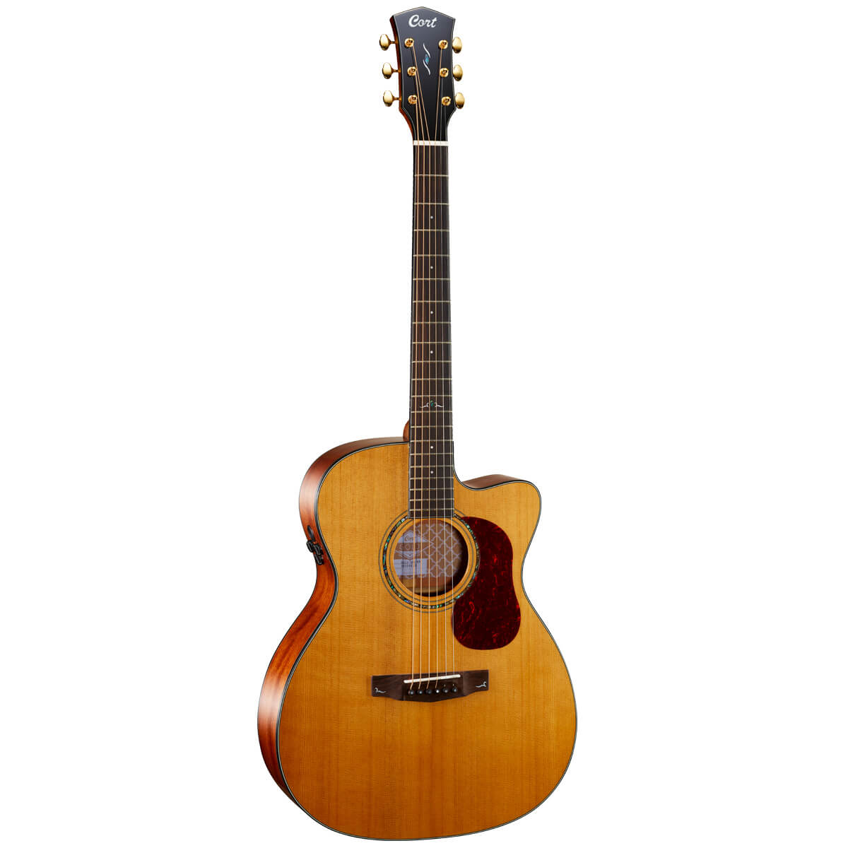 Brown wood acoustic guitar with a cutaway body, six strings, gold tuning pegs, and a dark red pickguard.