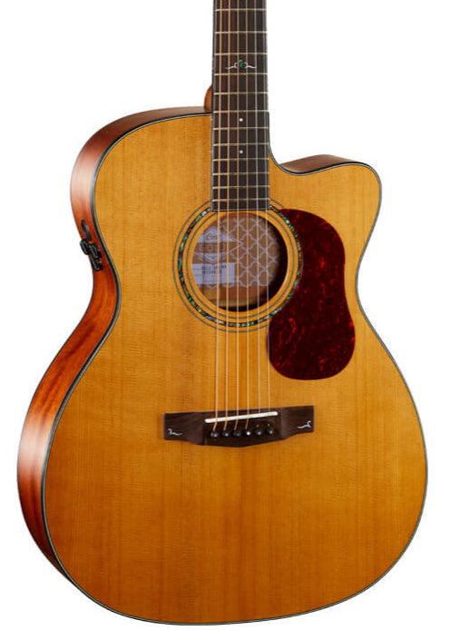 Light brown acoustic guitar with a cutaway body, dark wood sides, a circular sound hole, and a red tortoiseshell pickguard below the strings.
