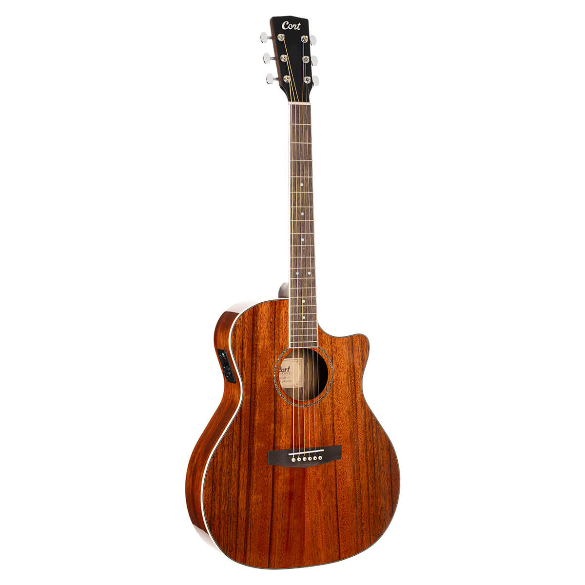 Cort acoustic guitar with a cutaway body, glossy rich brown wood finish, six strings, and white tuning pegs.